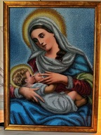 Obraz religijny Matka Boska z Dzieciątkiem haft koralikowy 45x61 cm z ramą
