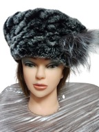 beret czapka damska futrzana MIĘKKA futro królika z ozdobą z jenota