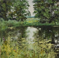 Nad stawem " obraz olejny na płótnie 30x30cm , oryginał Garncarek Al,,,