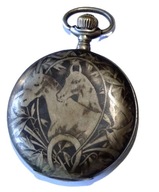 Zegarek kieszonkowy Hippika Konie Koń Jeździectwo Koniarstwo, niello srebro