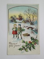 Szczęśliwego Nowego Roku - Dzieci na sankach, pejzaż zimowy STARA