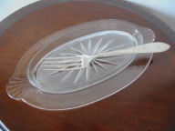 Szklany półmisek do śledzi +duński widelec