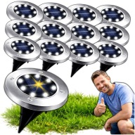 LAMPKI SOLARNE OGRODOWE LED DYSKI GRUNTOWE WBIJANE 12 SZT IP65 NAJAZDOWE 8H