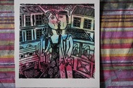 Zakochani. 30 × 30 cm. 2025 r. (linoryt kol.)