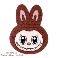 Piniata urodzinowa Labubu brązowa. Zestaw z kijem i konfetti.