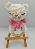 Prezent Grzechotka Miś na szydełku gryzak z drewna Handmade