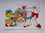 Kartka wielkanocna - Baranek ciągnie wóz z jajkami - karnet