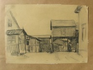 Borowski Bohdan Zagroda rysunek węglem sygnowany i datowany 1952 r.