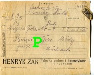 Telegram ślubny Miejska Górka -Środa 1924r. Reklama H.Żak Fabryka Perfum