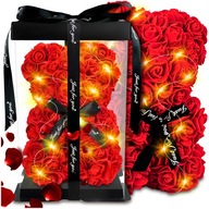 MIŚ Z RÓŻ DUŻY Z PŁATKÓW RÓŻ KOKARDA PUDEŁKO PREZENT NA WALENTYNKI LAMPKI