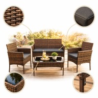 Zestaw mebli ogrodowych sofa 2 fotele stolik szkło 4 osoby jasny brąz