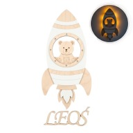 Drewniana Lampka Nocna LED Rakieta Kosmos z Misiem Imię Prezent 3D