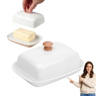 Maselniczka Ceramiczna Biała Do Przechowywania Masła Drewniany Uchwyt