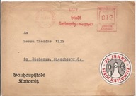 TRZECIA RZESZA KATOWICE -koperta obieg 1941 rok -nalepka ozdobna -BAUHAUPTS