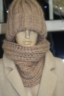 KOMPLET CZAPKA wywijana golf RĘKODZIEŁO MOHER jasny perlowy bez