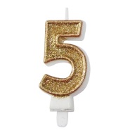 Świeczka 5 cyferka PIĘĆ piątka - brokat złoty GOLD, urodziny PARTY.