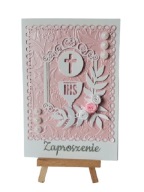 ZAPROSZENIA KOMUNIA DZIEWCZYNKA KIELICH Z HOSTIĄ RAMKA OZDOBNA – B6 – RÓŻ