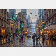 Stare miasto w przyszłości obraz olejny na płótnie 58x85 retro robot rynek