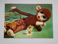 Maskotka, pluszak - małpka z liczydłem - pocztówka z lat 70-tych
