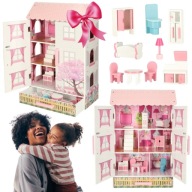 DUŻY DOMEK DREWNIANY DLA LALEK Z SZUFLADĄ MEBELKI PREZENT DLA DZIEWCZYNKI