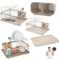 SUSZARKA DO NACZYŃ DWPOZIOMOWA STOJĄCA BEŻOWA METALOWA OCIEKACZ 43x32x27CM