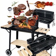 GRILL WĘGLOWY OGRODOWY DUŻY STALOWY MOBILNY Z ROŻNEM I PÓŁKAMI WYTRZYMAŁY