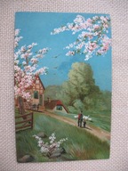 ZAGINIONY ŚWIAT WIOSENNY SPACER Z DZIADKIEM przedwojenna POCZTÓWKA OLEJ