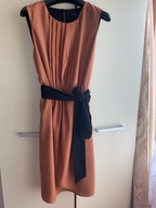 36 S prosta sukienka Zara karmelowa brąz wiązana na czarny pasek