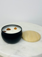 Świeczka sojowa w puszce z bursztynem, zapach Bursztynowy Spokój