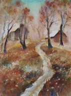 Las ,domy droga pejzaż Akwarela Sabina Salamon 28x38