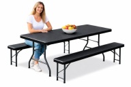 Stół ogrodowy składany 180 cm + 2 ławki HDPE cateringowy czarny walizka