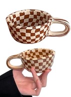 FILIŻANKA SZACHOWNICA CERAMIKA BEŻOWO BRĄZOWY MODNY DESIGN VINTAGE