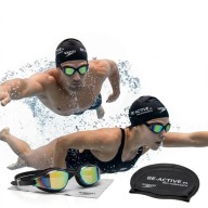 ZESTAW NA BASEN OKULARKI PŁYWACKIE ANTI FOG UV + CZEPEK SILIKON CZARNY LUXS