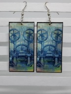 Kolczyki Maszyna decoupage prostokąty grafika Steampunk Handmade