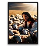 PLAKAT RELIGIJNY W RAMCE – JEZUS Z OWCAMI (40x50 cm)
