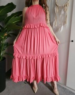 Koralowa zwiewna letnia sukienka maxi – babydoll