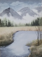 Mglisty poranek w górach, pejzaż, ręcznie malowany obraz 23x31,oryginał