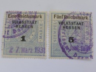 Niemcy Hesja - 2 zn. opłaty stemplowej 1 i 5 Marek - 1931 r - revenue