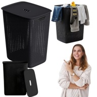 KOSZ NA PRANIE PLASTIKOWY CZARNY WĄSKI WOLNOSTOJĄCY WENTYLACJA POKRYWA 60L