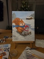 Amatorski obraz zwierzęta na sankach olej na płótnie 30x40