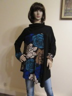 JOSEPH RIBKOFF długa czarna bluzka tunika w róże półgolf _ L