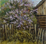 Bzy za płotem" obraz olejny na płótnie 30x30cm , oryginał Garncarek Al,,,