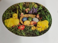 Kartka wielkanocna PRL KAW kurczaki pisanki owalna