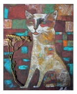 Obraz Akwarela Akryl Kot ze Złotą Trawką