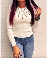 Sweterek cyrkonie biały śmietankowy prążek sm