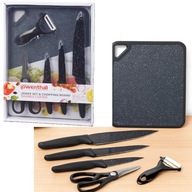 ZESTAW NOŻY DO KROJENIA DESKA 3 MARMUROWE NOŻE NOŻYCZKI OBIERACZKA