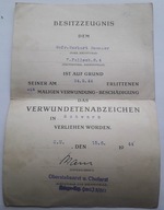 III Rzesza .Dokument nadania odznaki za rany + zdjęcie i list