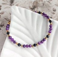 Bransoletka z fioletowymi kamieniami, jadeit, pozłacana na lince, stal