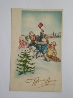 Wesołych Świąt - Dzieci na sankach, pejzaż zimowy, zabawa na śniegu STARA