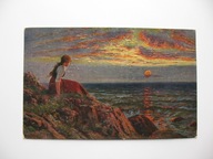 ZAGINIONY ŚWIAT ZACHÓD SŁOŃCA przedwojenna POCZTÓWKA OLEJ